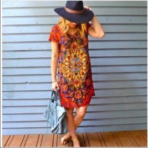 Anthropologie Maeve Shift Dress V-neck Bright Watercolor Medallion XS